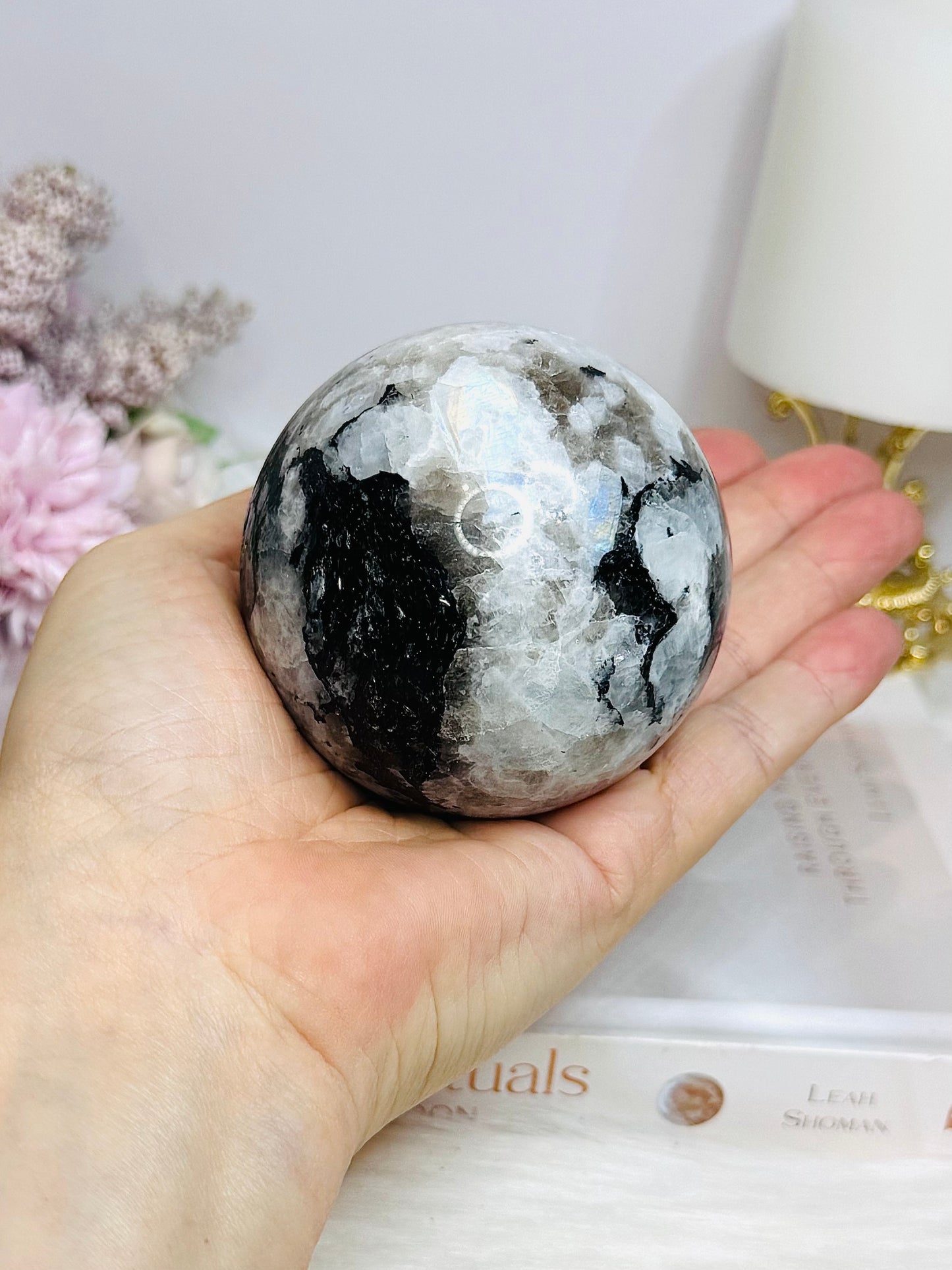 Large Rainbow Moonstone Sphere with Blue Flash 464g