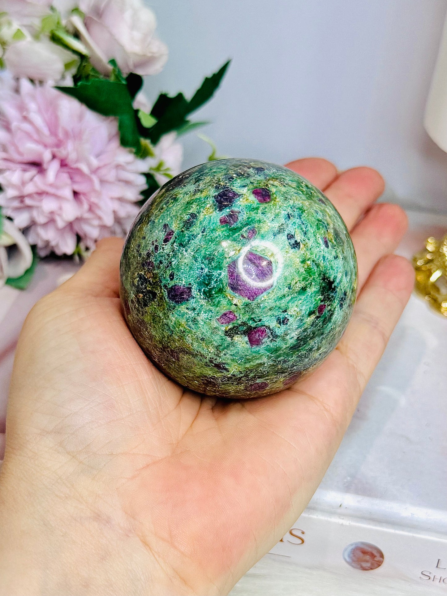 Large Ruby In Fuchsite Sphere UV Reactive On Stand 399g