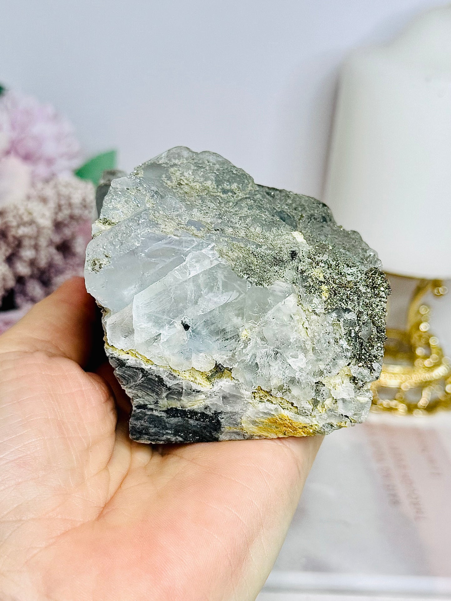 Rare Large Natural Blue Fluorite Specimen with Pyrite Inclusions 12cm 696g