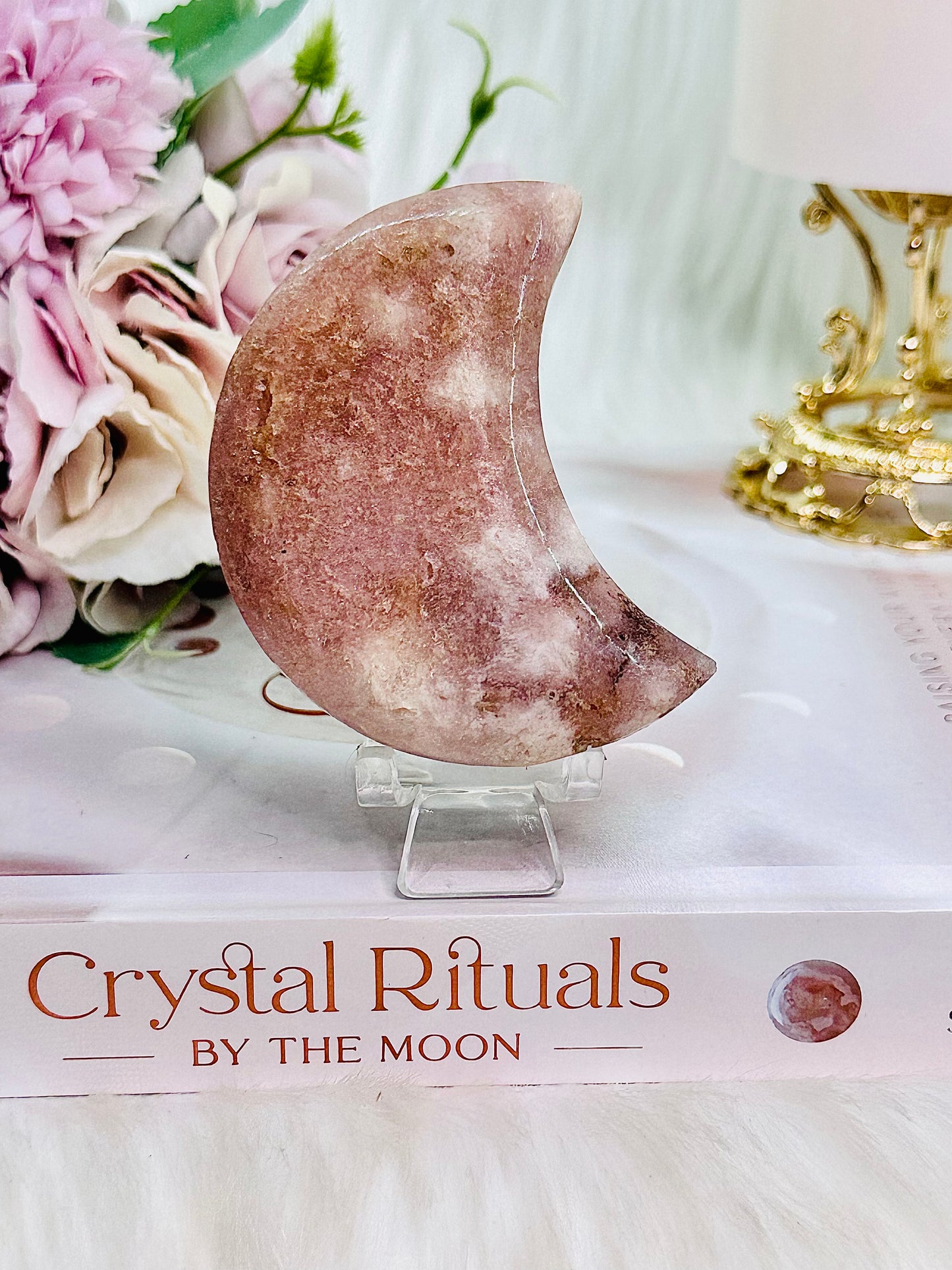 Beautiful Chunky Pink Amethyst Druzy Moon Carving From Brazil On Stand 8cm