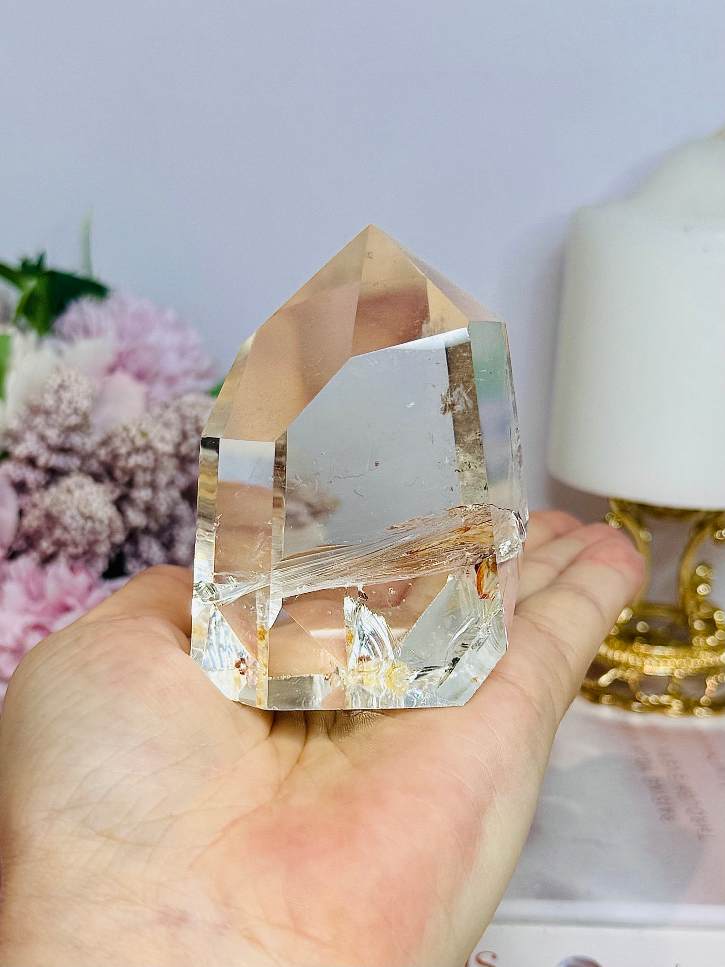 High Grade Clear Quartz Chunky Tower with Garden Quartz Inclusions 8cm 258g