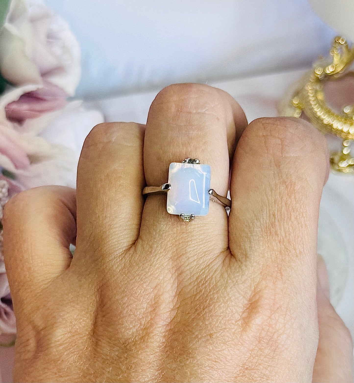 Stunning Opalite Silver Plated Ring Size O In Gift Bag