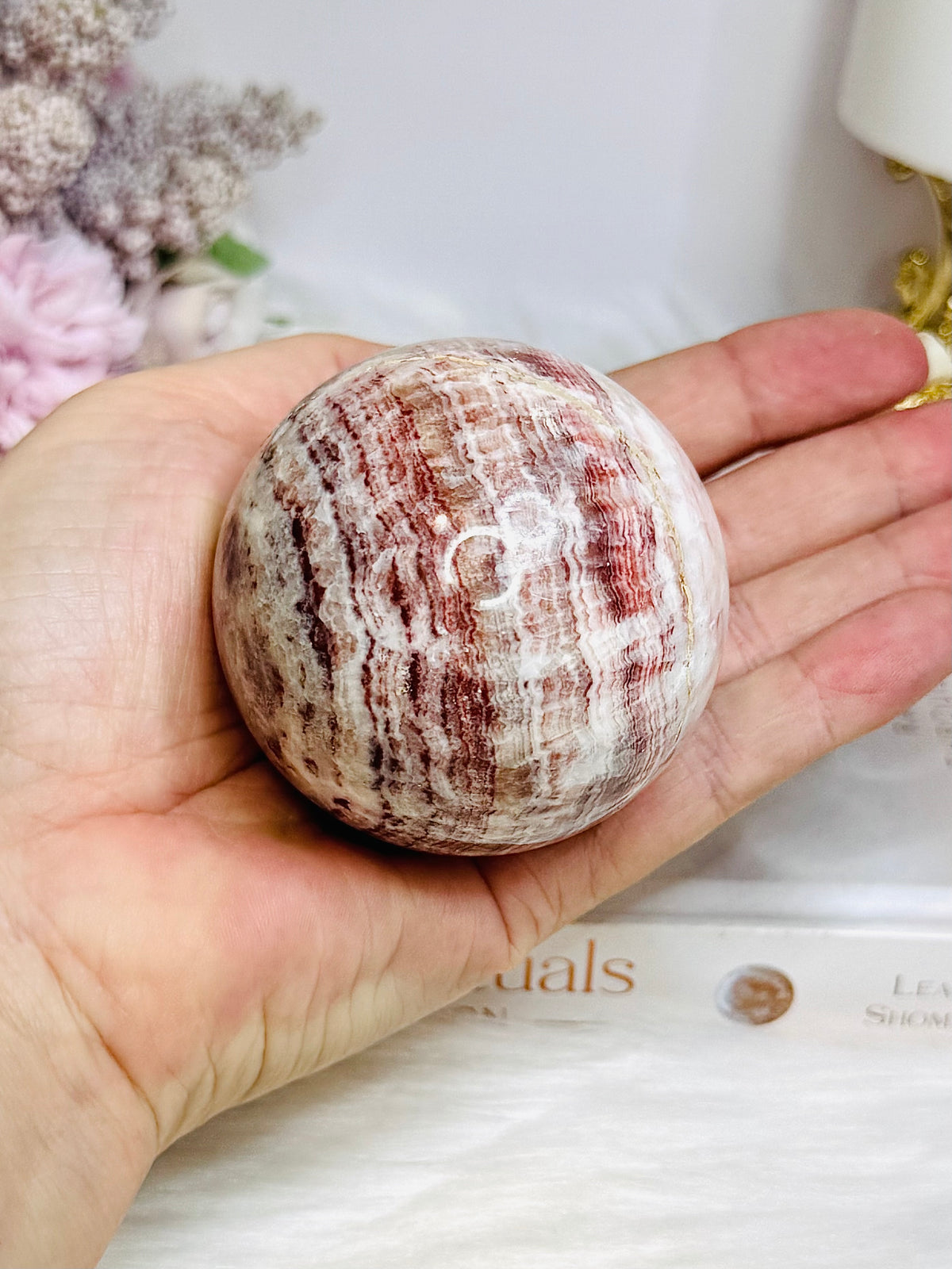 Pink Banded Calcite | Pork Stone Sphere On Stand 307g