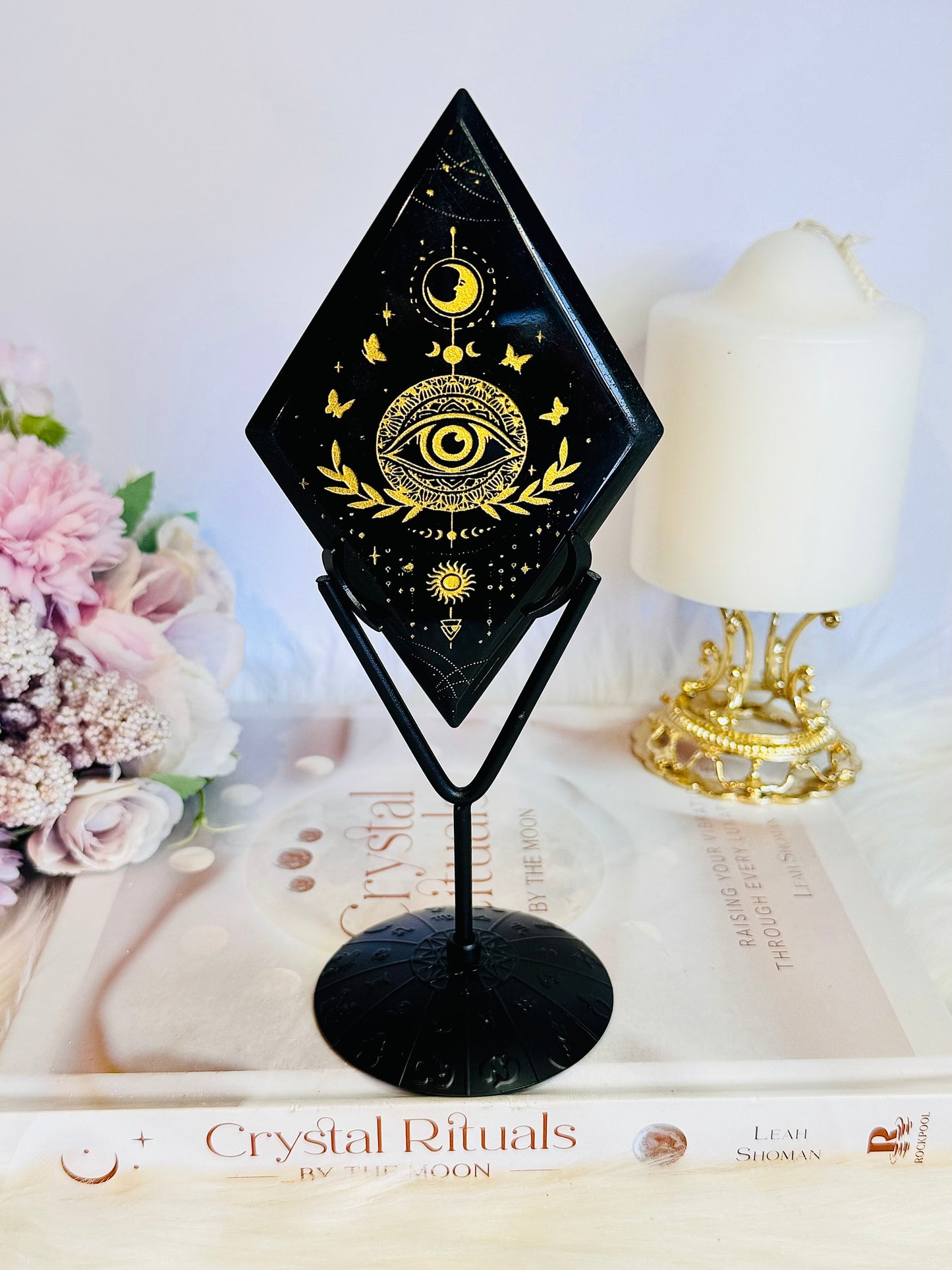 A Powerful Protection Stone ~ Beautiful Black Obsidian Carved Diamond with Gold Evil Eye Print (Print is on both sides) 20cm