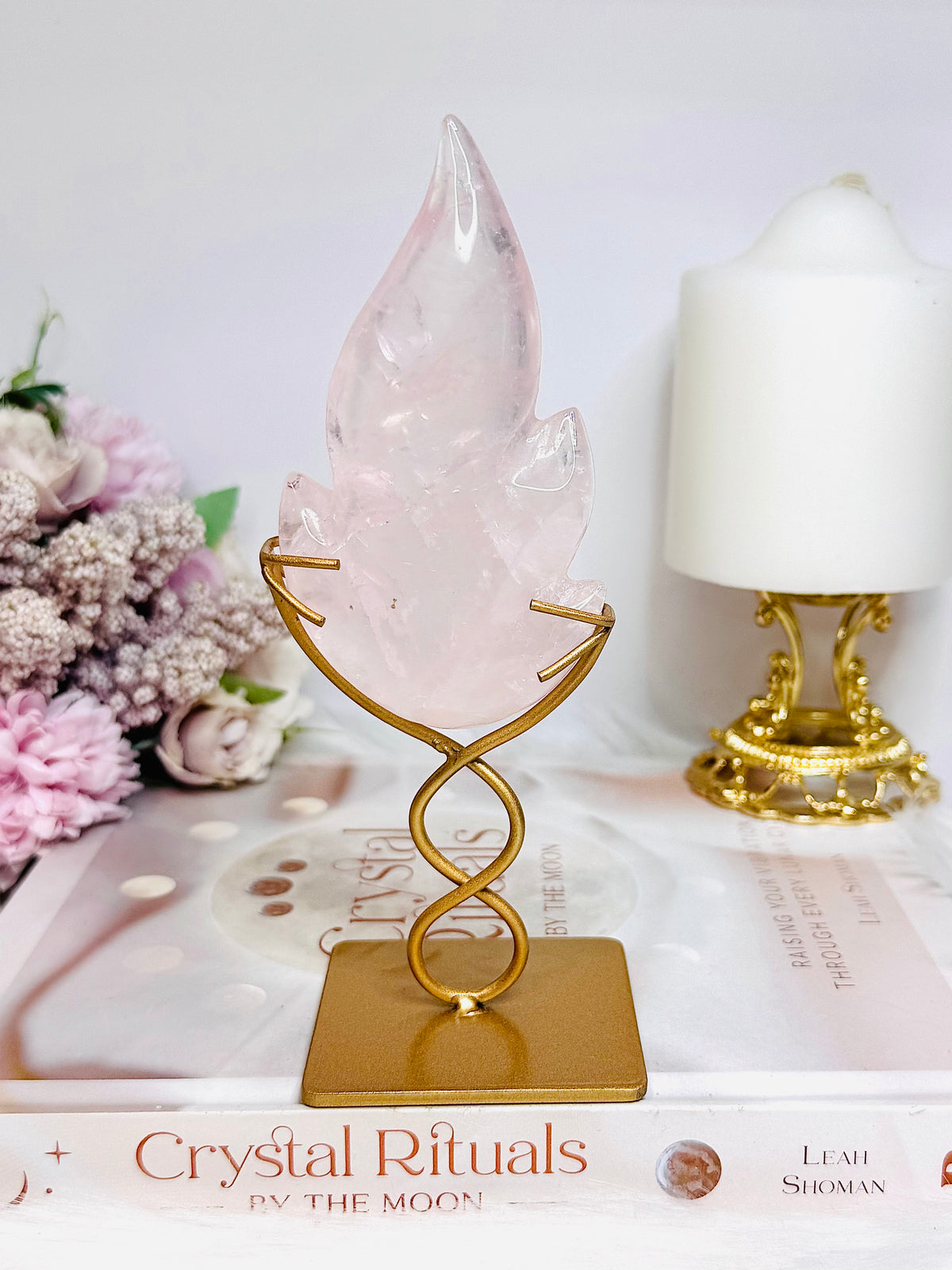 Rose Quartz Flame on Gold Stand 16cm