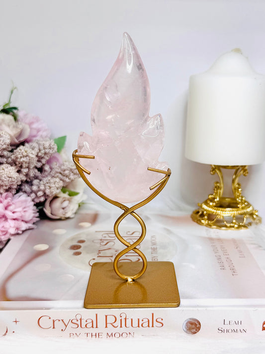 Rose Quartz Flame on Gold Stand 16cm