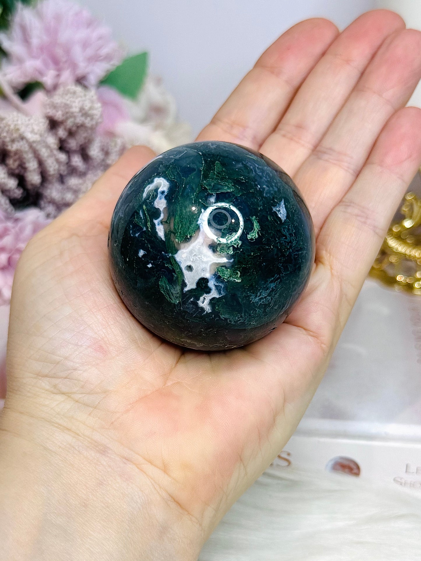 Moss Agate Sphere On Stand 212g