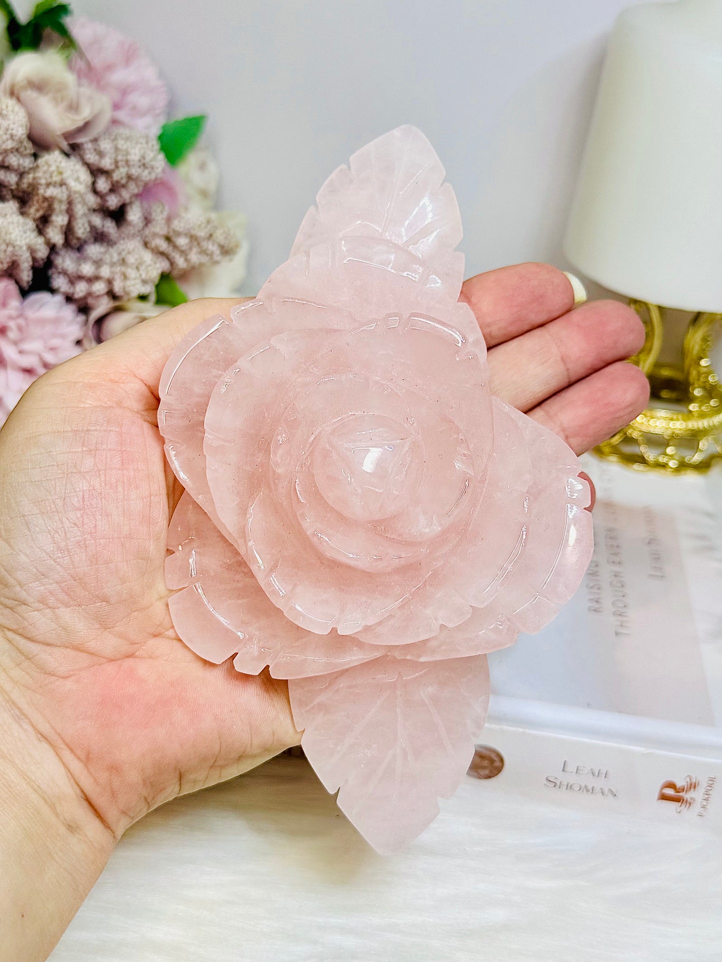 Large Rose Quartz Carved Rose | Flower 15.5cm