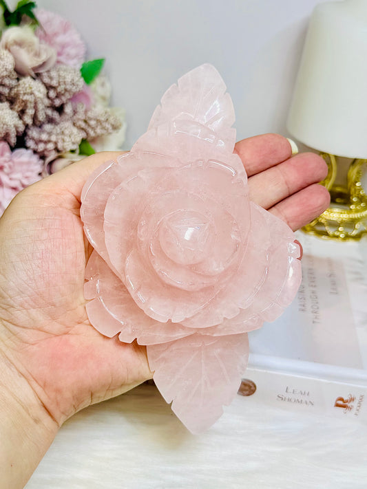 Large Rose Quartz Carved Rose | Flower 15.5cm