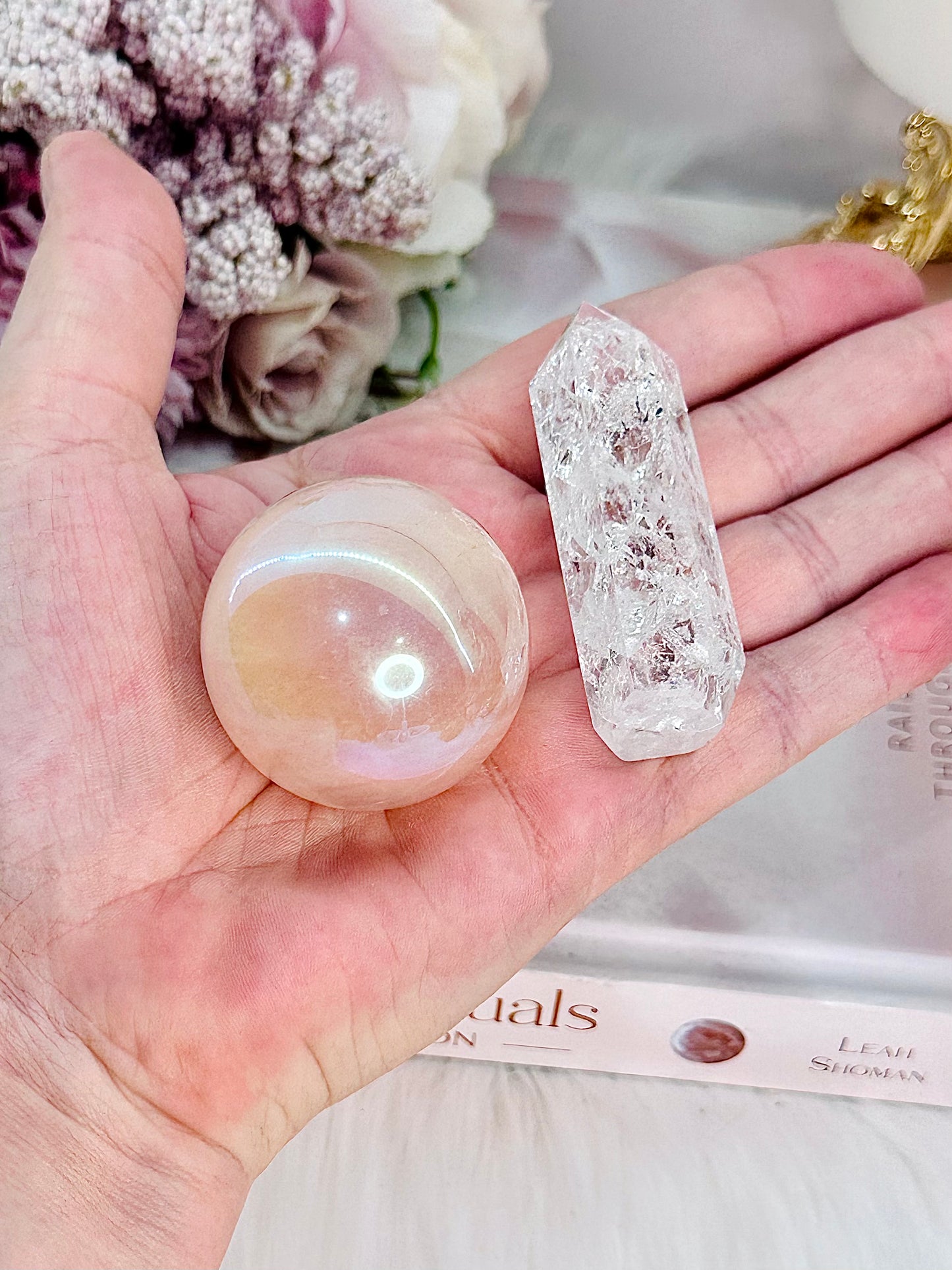 Fabulous Set!! Angel Aura Rose Quartz Sphere on Stand with Crackle Quartz Tower