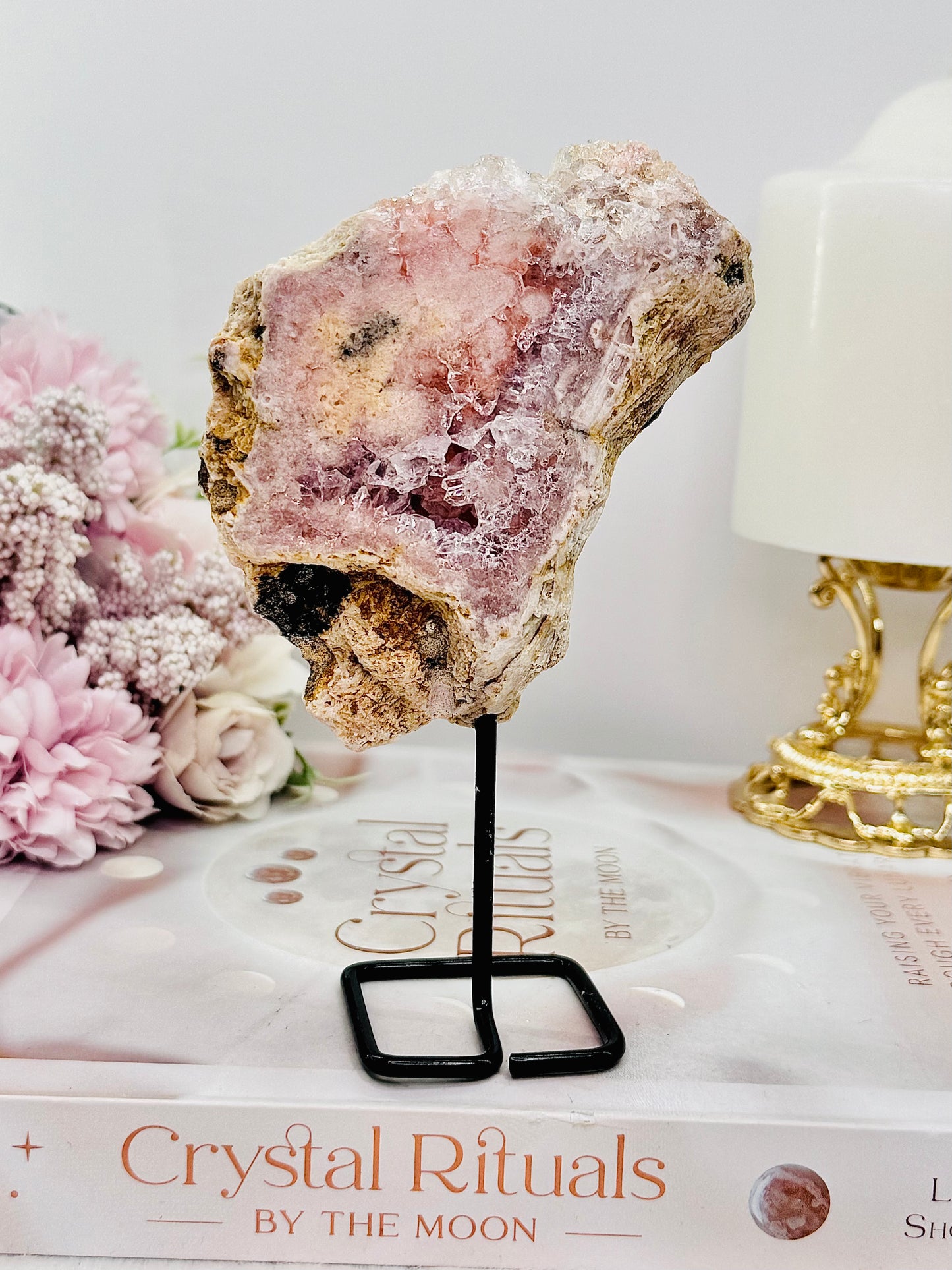 Beautiful 13.5cm Druzy Pink Amethyst Natural Slab On Stand From Brazil