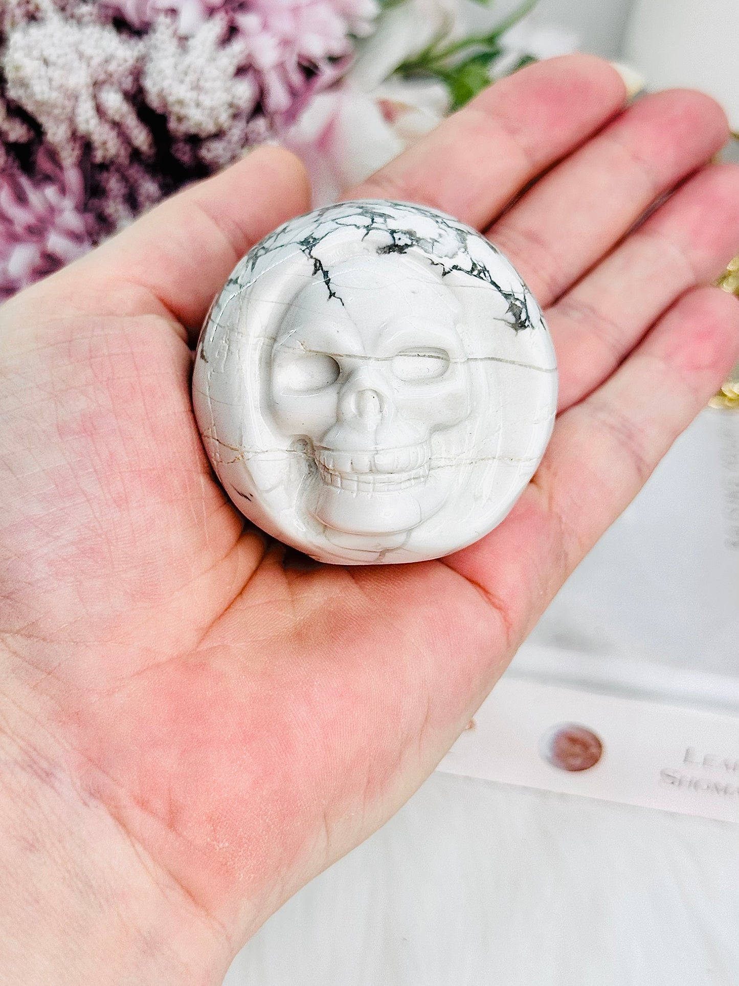 Supports Anxiety ~ Incredibly Unique Skull Carved Howlite Sphere Free Standing 172grams