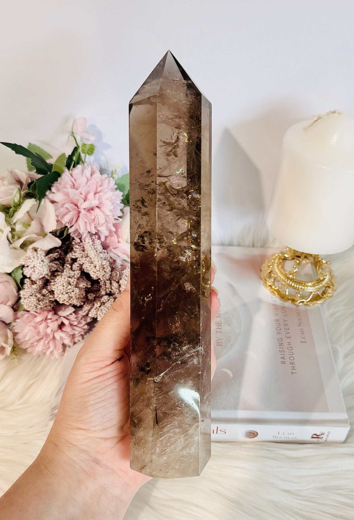 Classy & Fabulous Chunky Large 23cm Smokey Quartz Tower with Rainbows