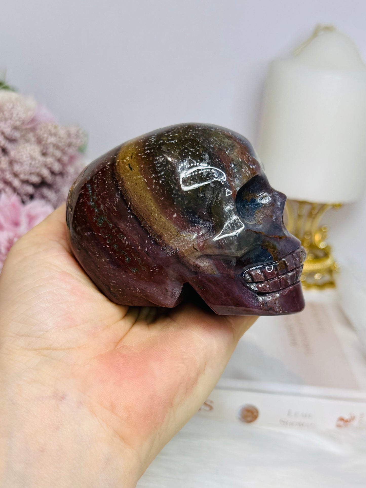 Large Ocean Jasper Carved Skull 8.5cm 428g