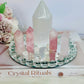 Rose Quartz Set ~ Beautiful 15cm Diamanté Mirror Tray with Chunky Selenite Tower, 4 Rose Quartz Towers & Clear Quartz Chips