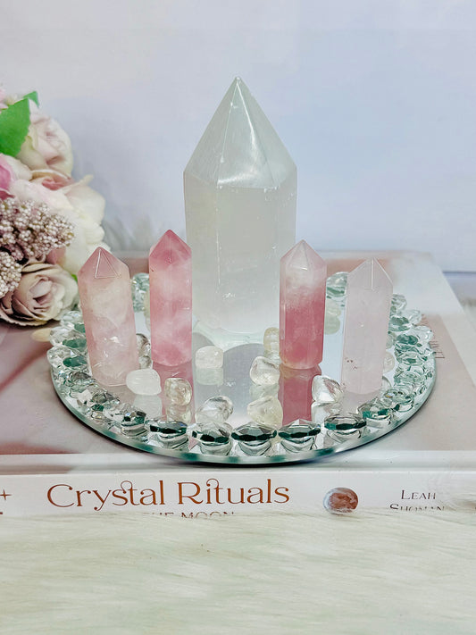 Rose Quartz Set ~ Beautiful 15cm Diamanté Mirror Tray with Chunky Selenite Tower, 4 Rose Quartz Towers & Clear Quartz Chips