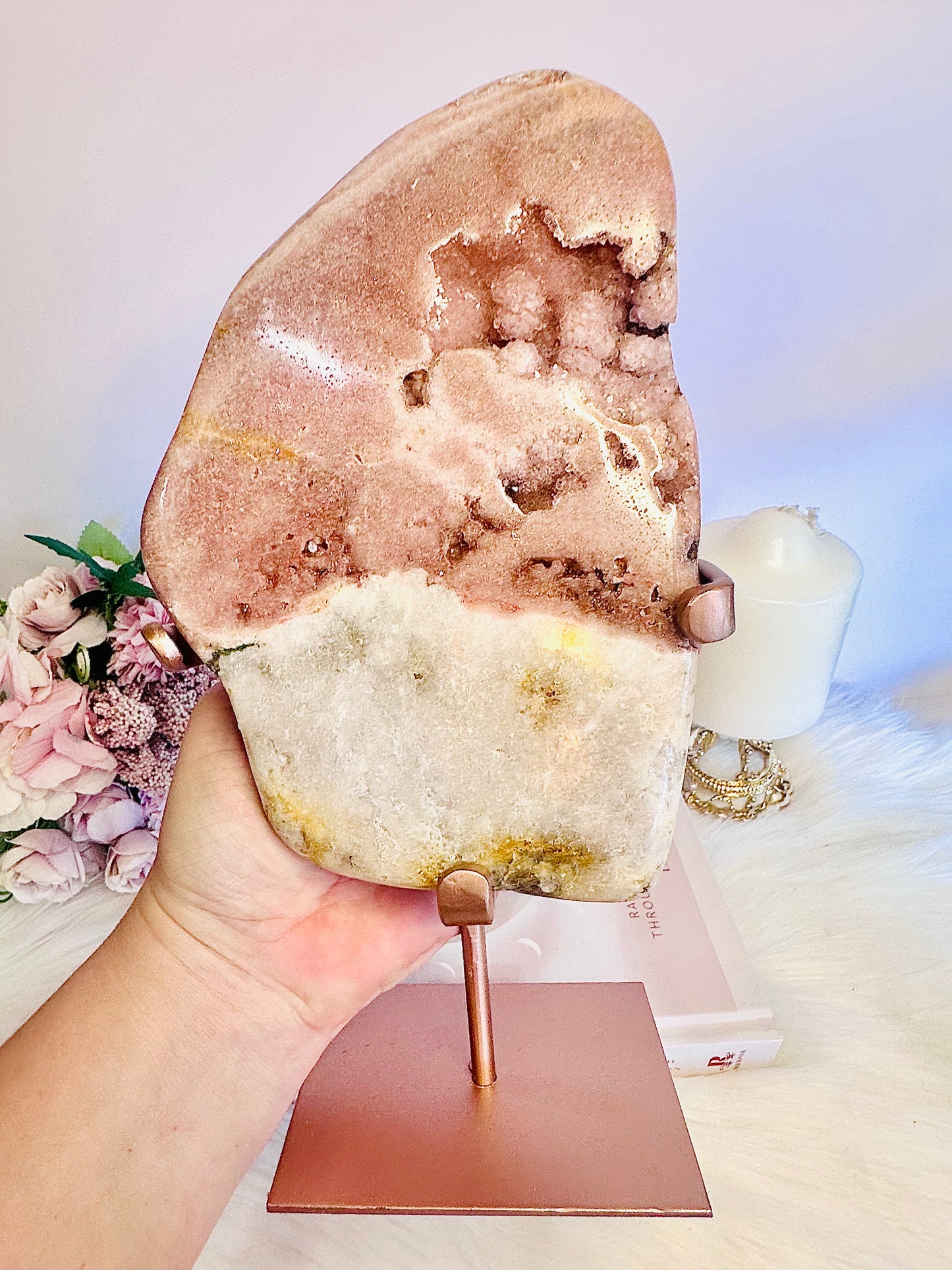 Classy & Absolutely Fabulous Large 1.34KG 27cm Pink Amethyst Natural Chunky Druzy Slab On Rose Gold Stand From Brazil ~ A True Stunner