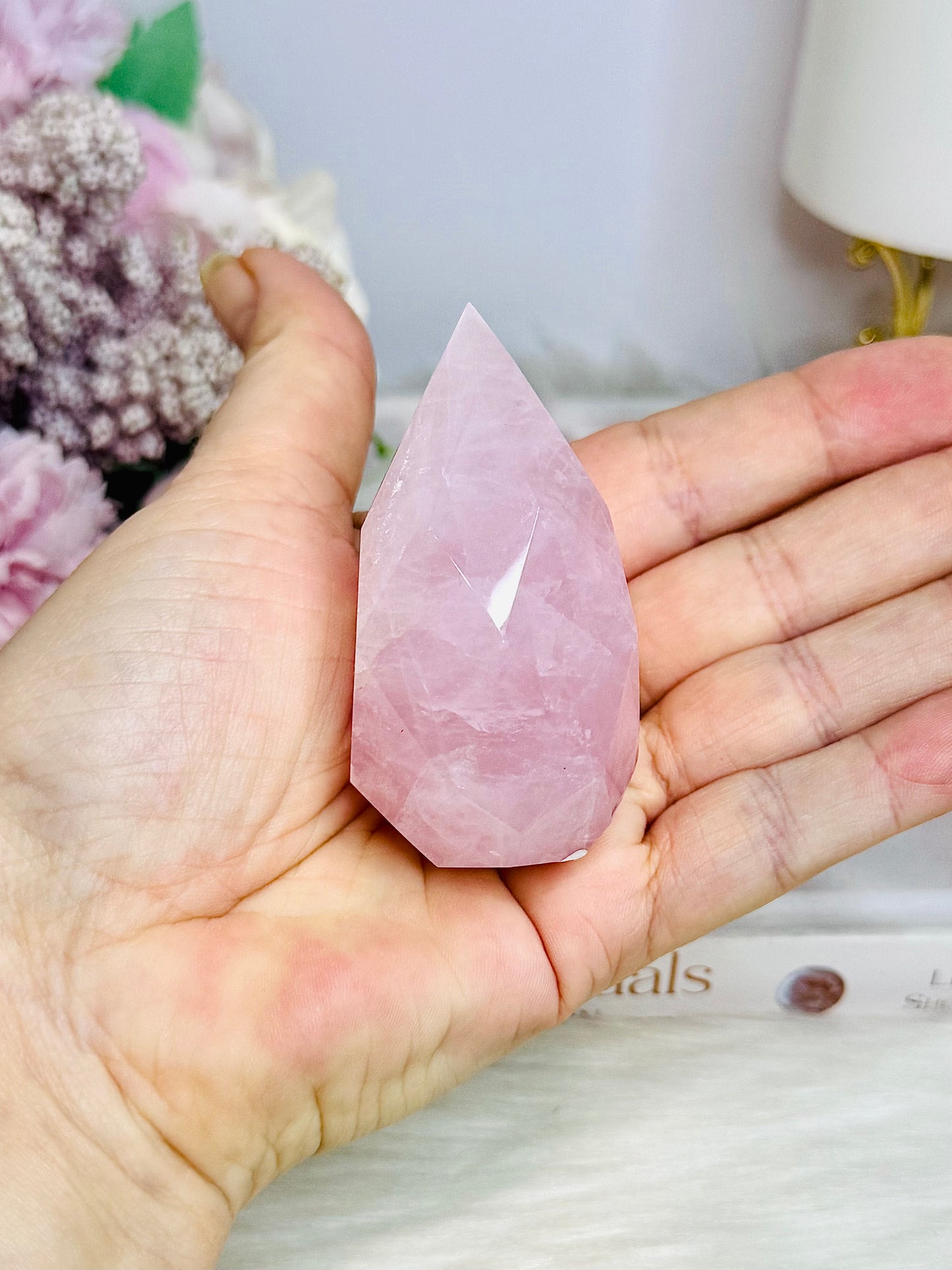 High Grade Rose Quartz Carved Diamond on Stand 14cm