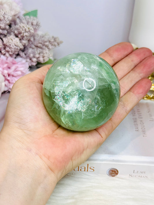 Large Green Fluorite Sphere Full of Rainbows On Stand 478g