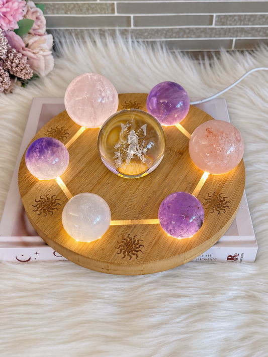 Feminine Energy ~ Large Light Stand 20cm with Glass Fairy Sphere, 3 Amethyst Spheres, Rose Quartz Sphere & 2 Pink Amethyst Spheres