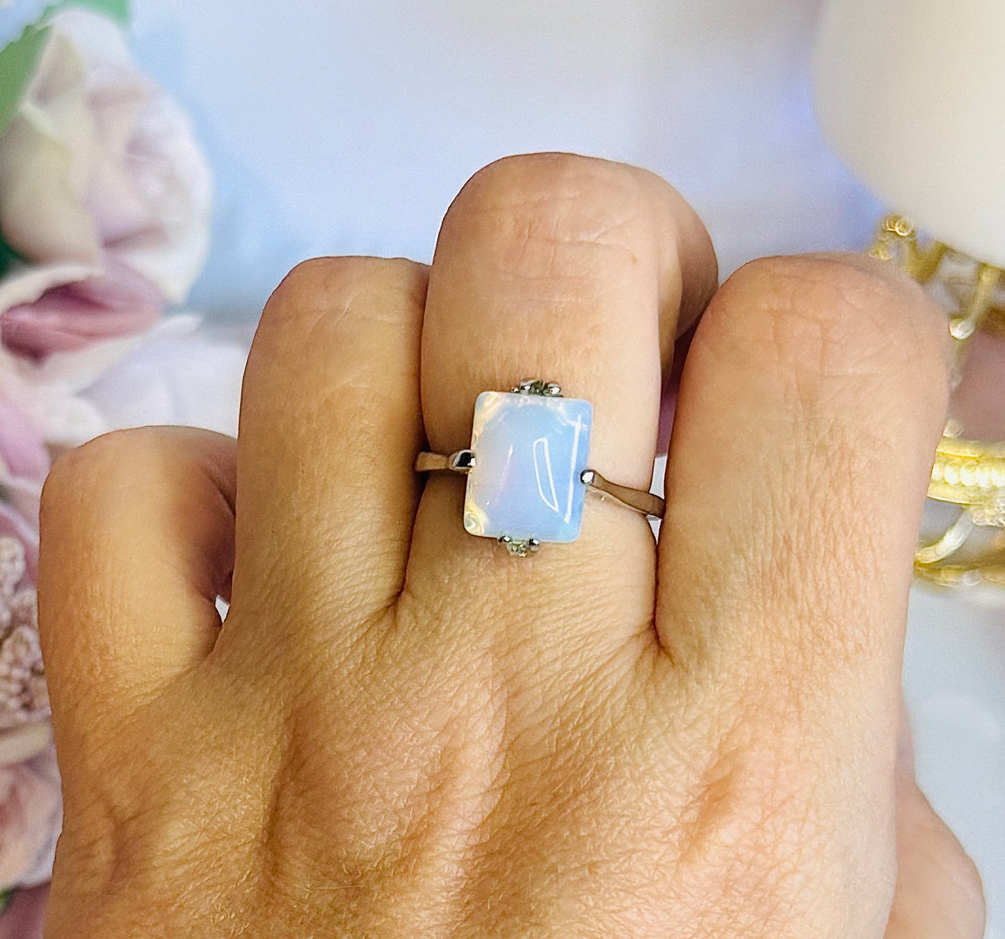 Stunning Opalite Silver Plated Ring Size O In Gift Bag