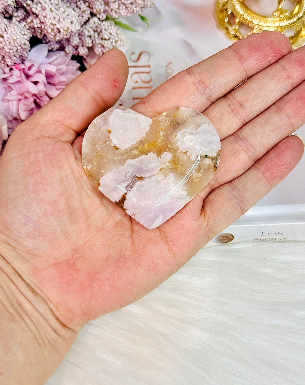 Flower Agate Carved Heart 5.5cm