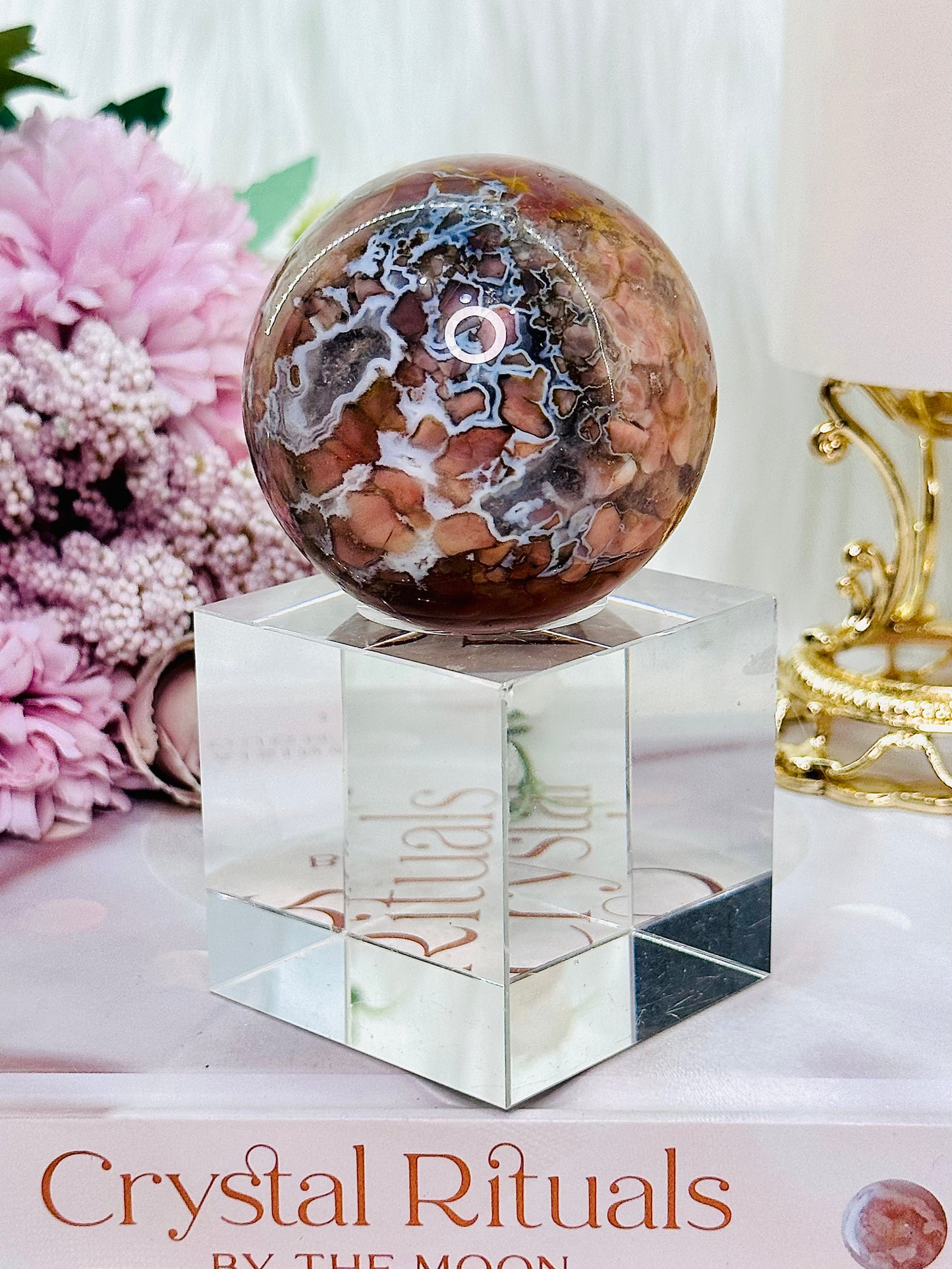 Absolutely Gorgeous Ibis Jasper Sphere with A Mosaic Effect On Stand (Glass stand in pic is display only)
