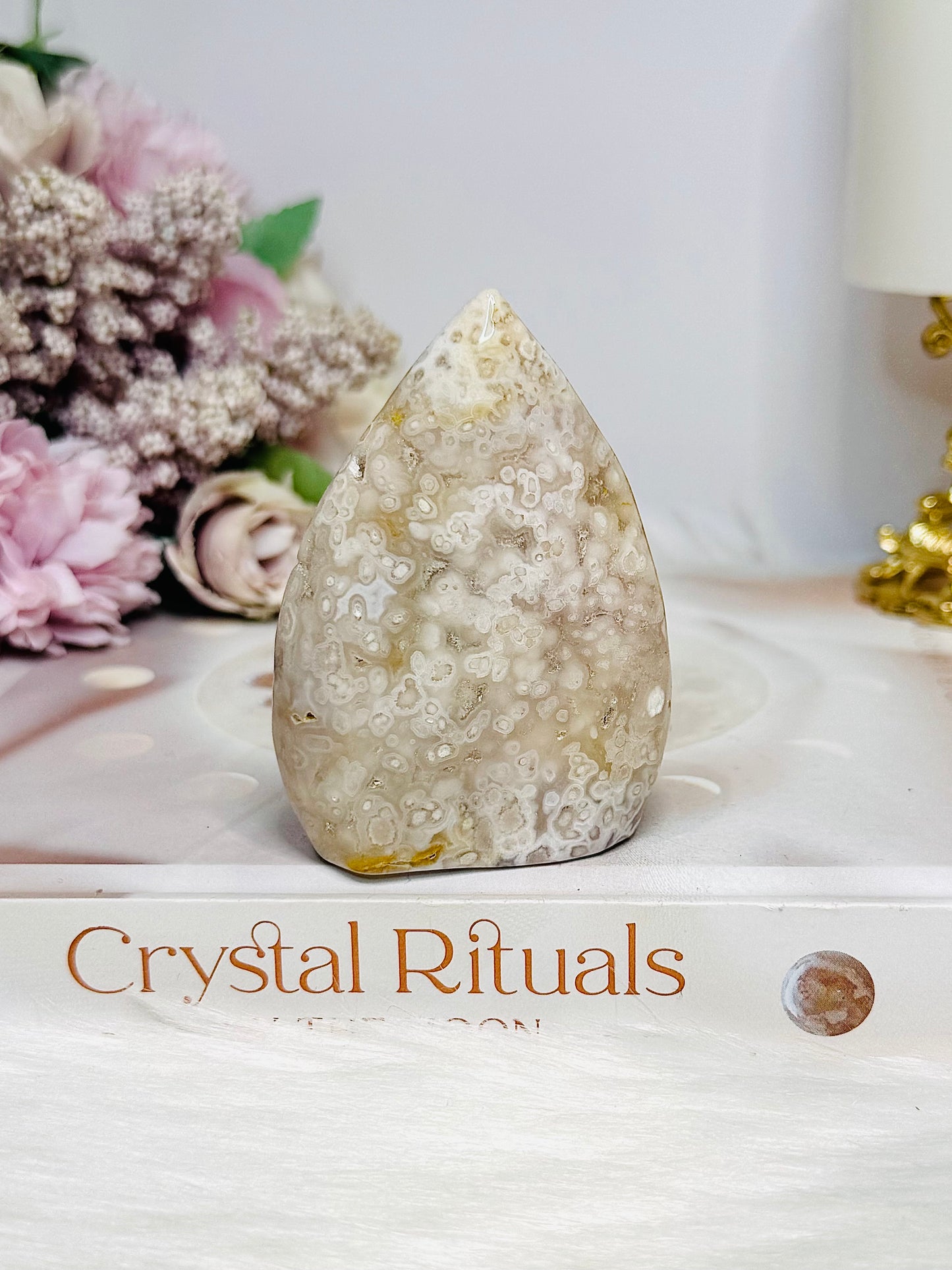 Flower Agate Druzy Carved Flame 7.5cm