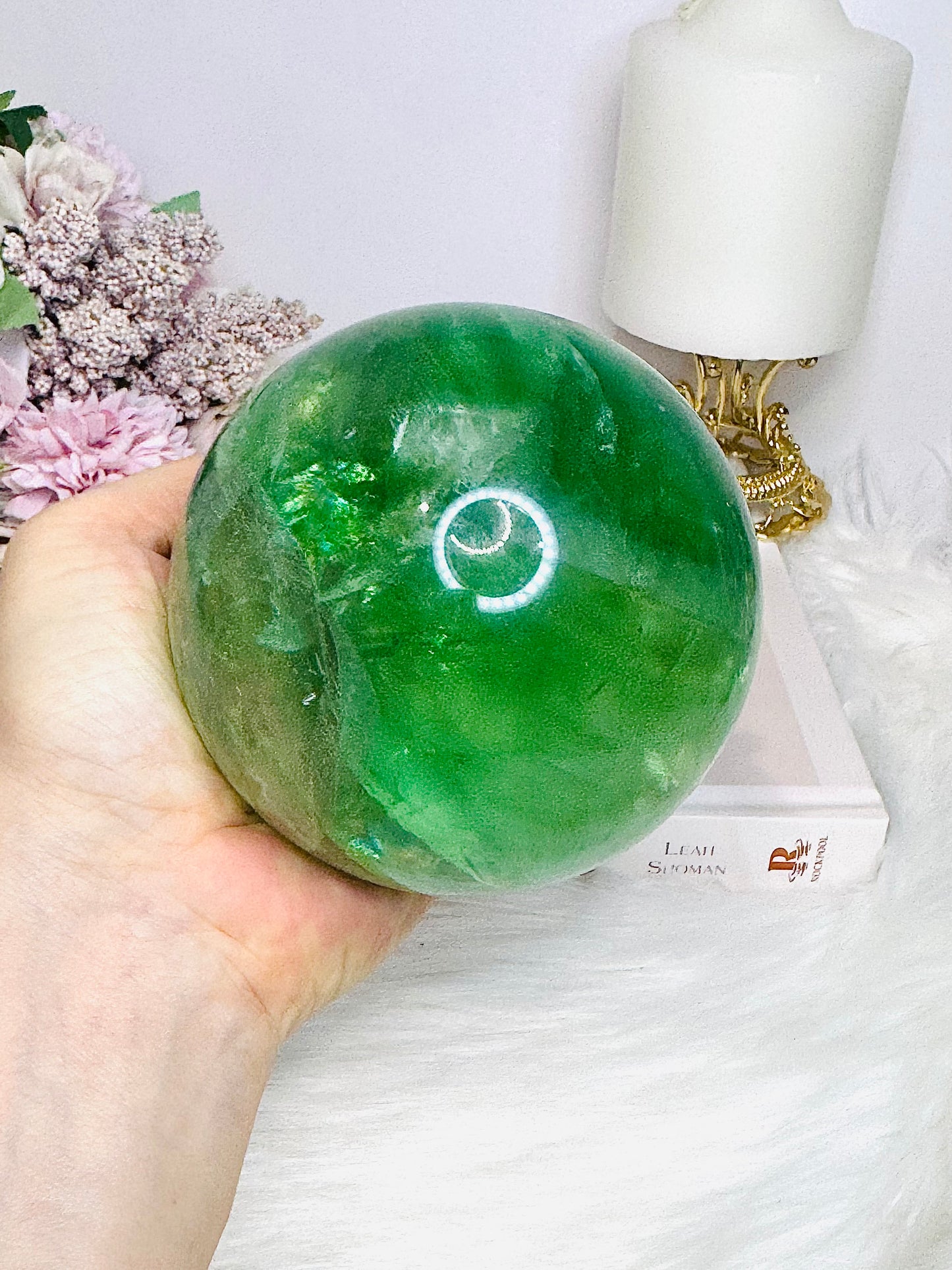 Huge Green Fluorite Sphere with Rainbows On Tall Glass Stand 1.4KG (stand can be changed)