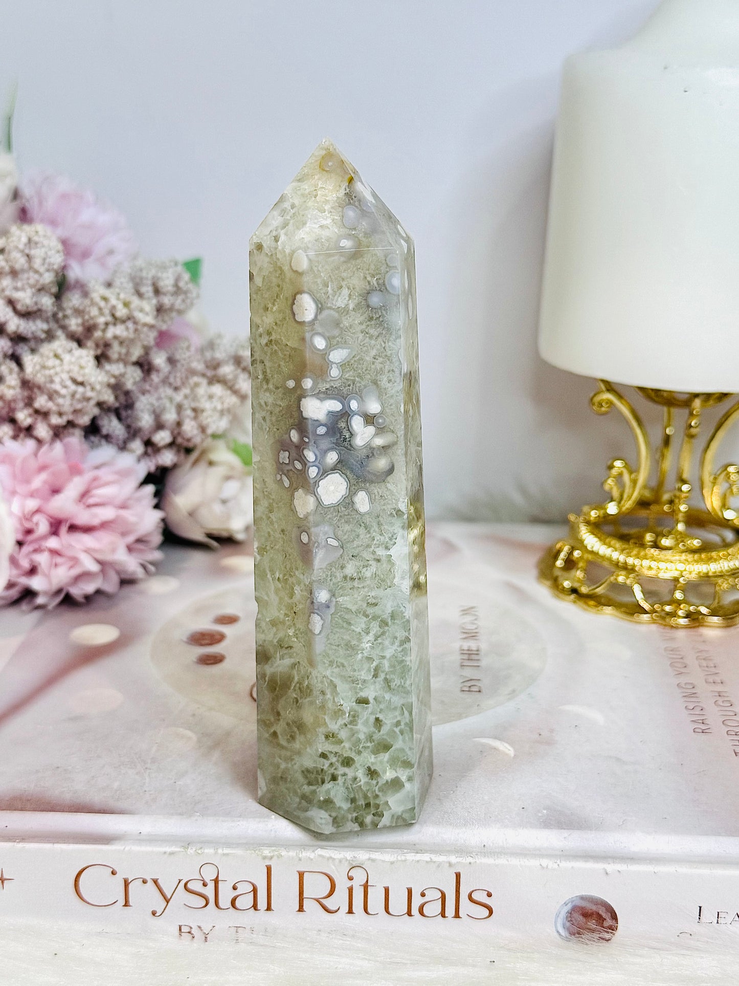 High Grade Large Green Flower Agate Tower 12.5cm