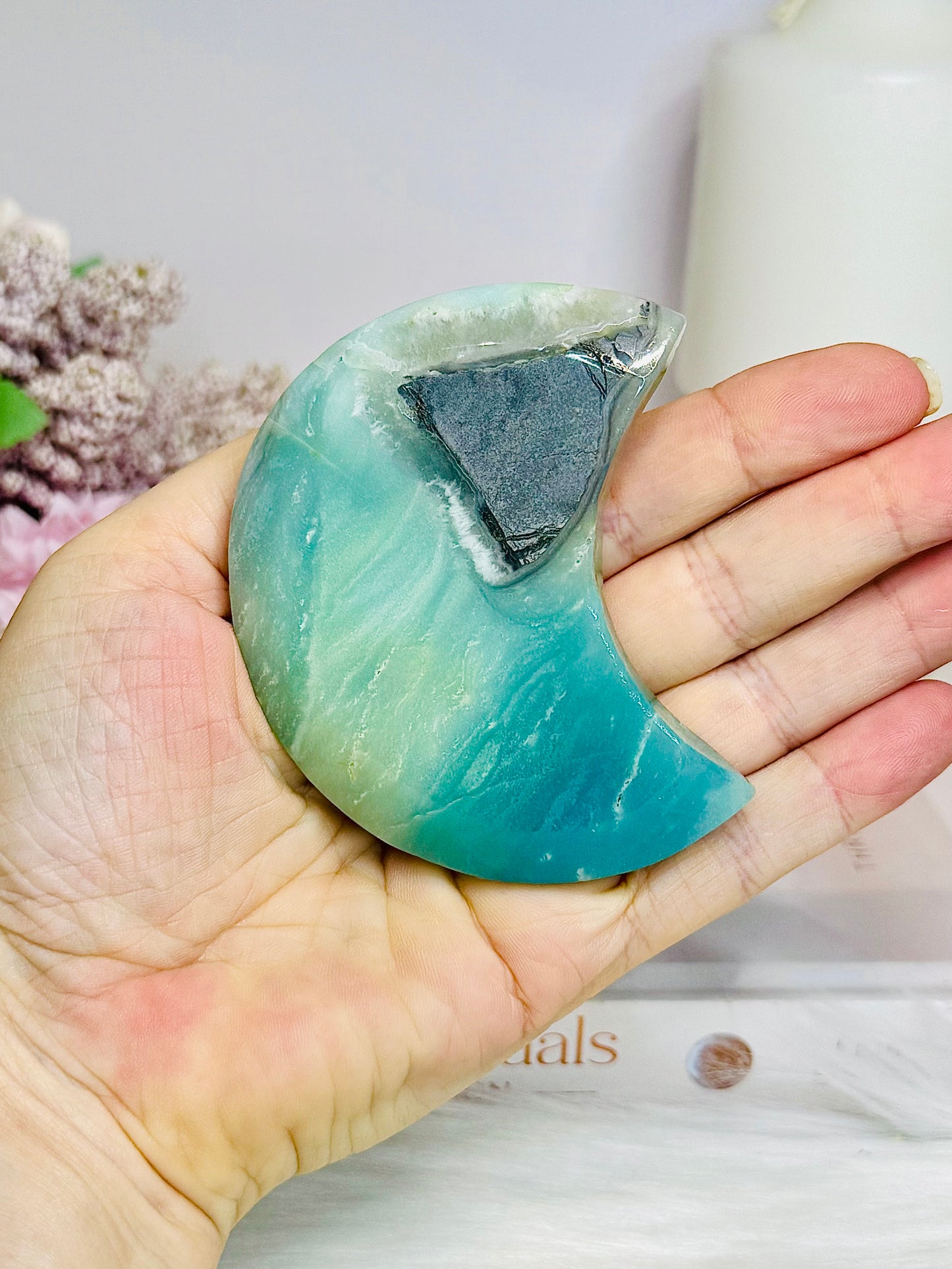 Sky Blue Quartz Carved Moon On Stand 8cm