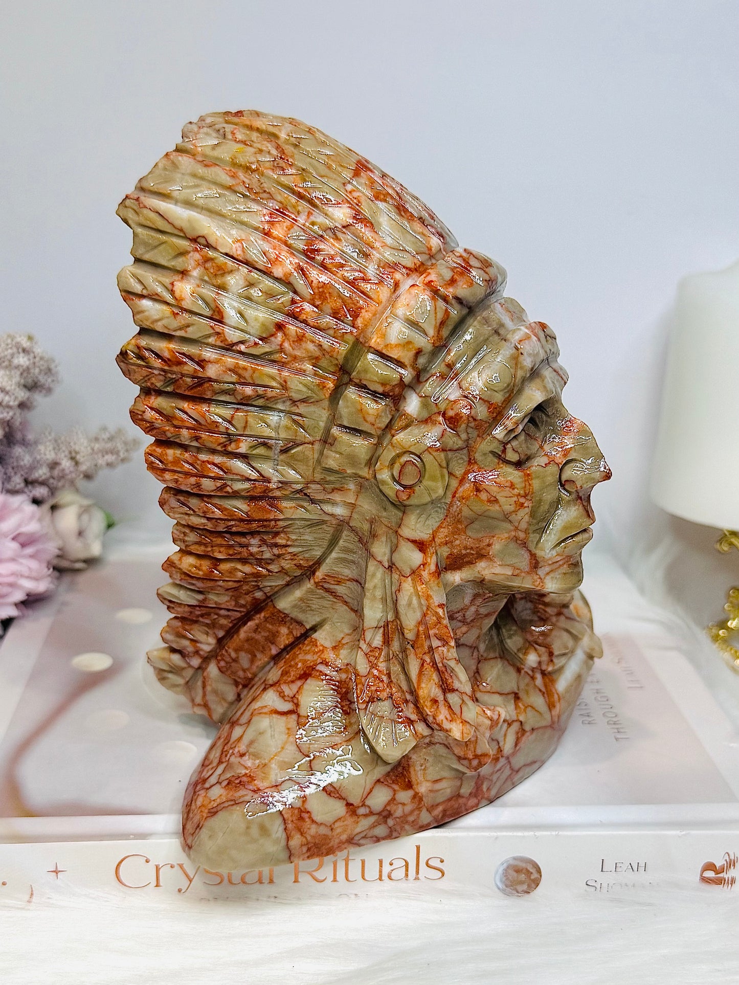Large Red Vein Jasper Carved American Indian Chief 17cm 1.65KG