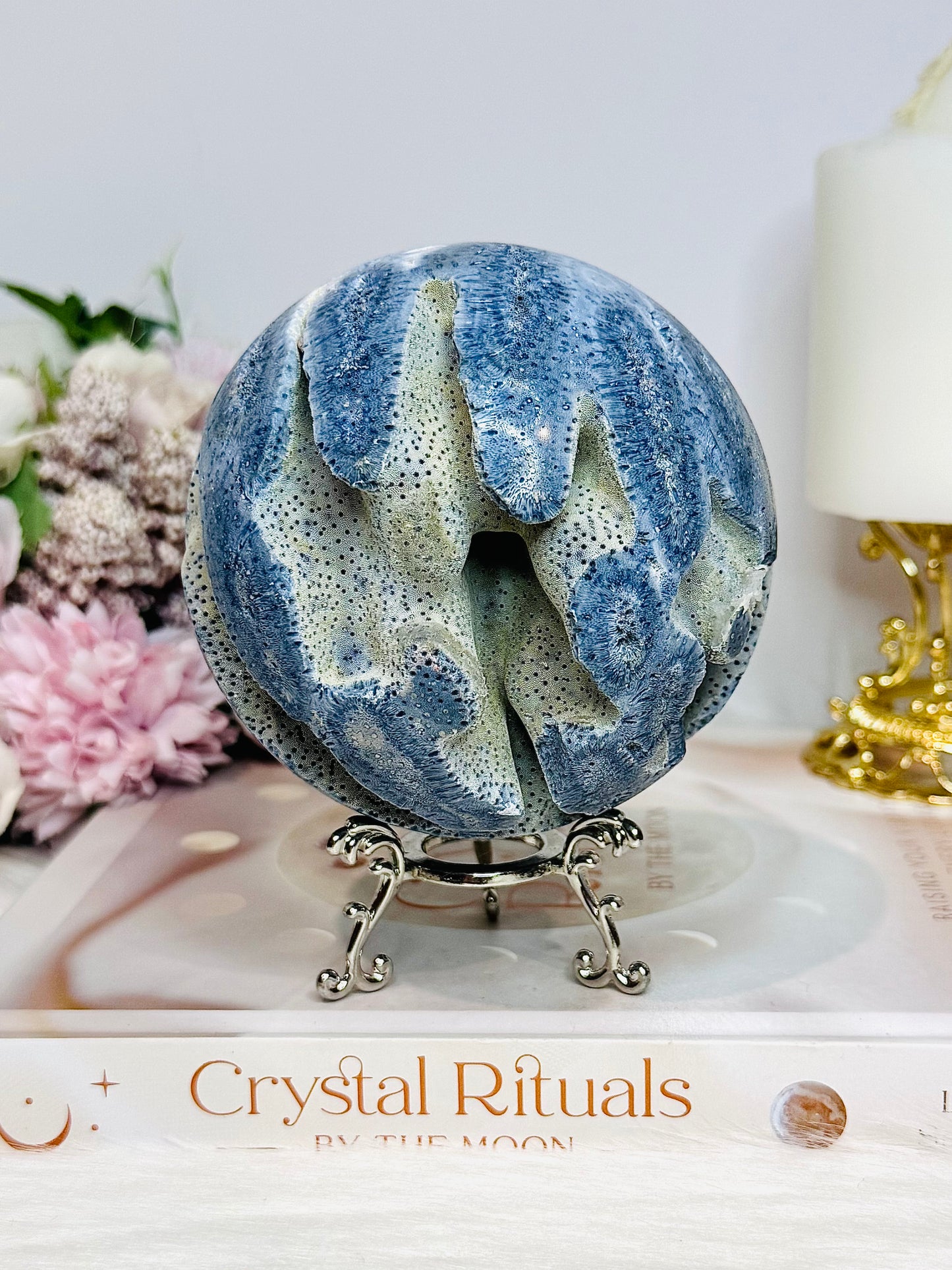 Rare Natural Large Blue Coral Fossil Sphere 732g