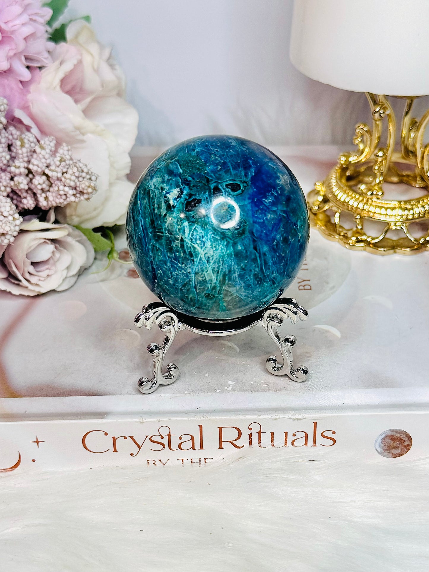 Stunning Natural High Grade Chrysocolla Carved Sphere on Stand 238grams