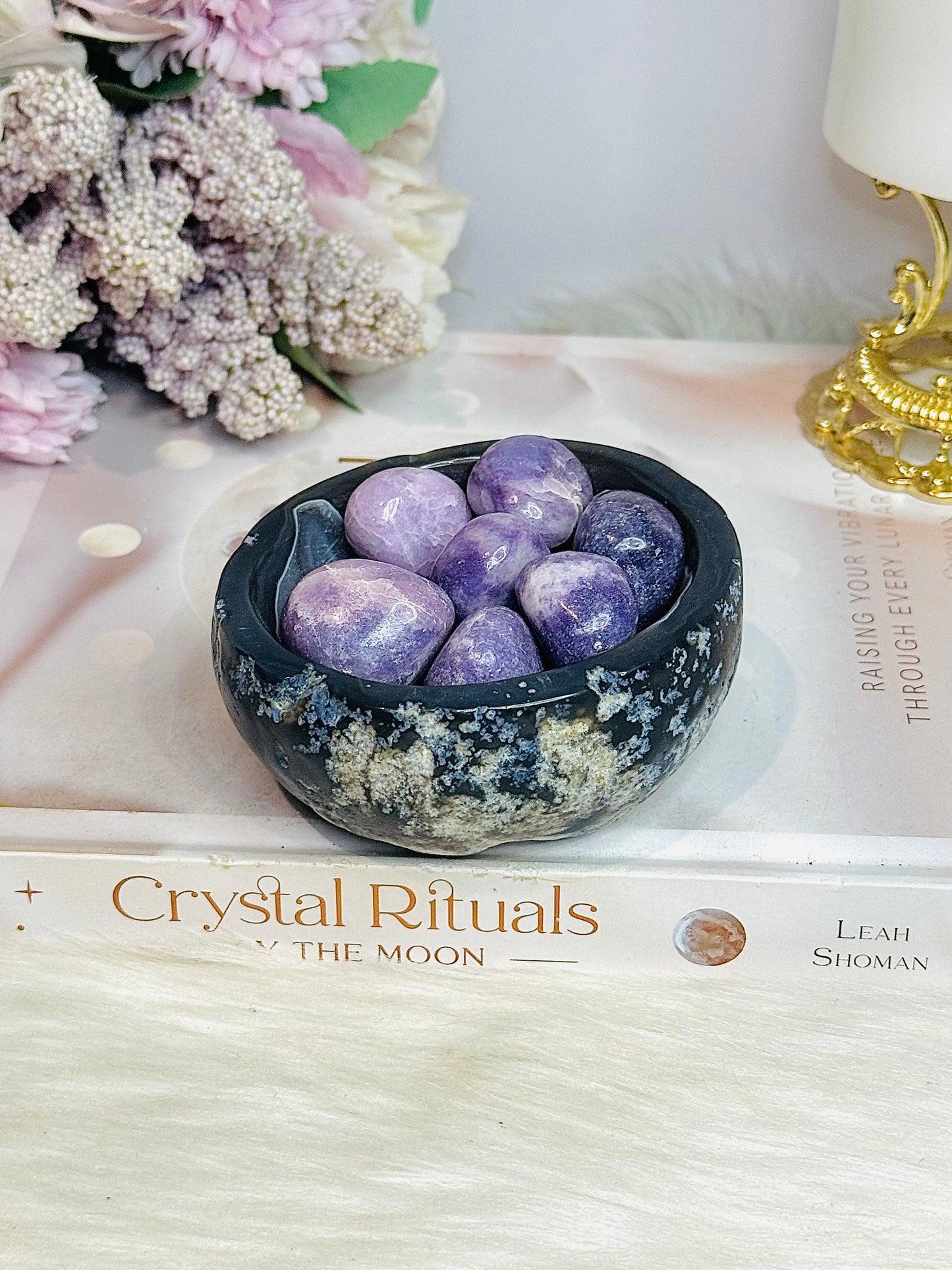 Natural Agate Carved Bowl Filled with Lepidolite Tumbles 426g