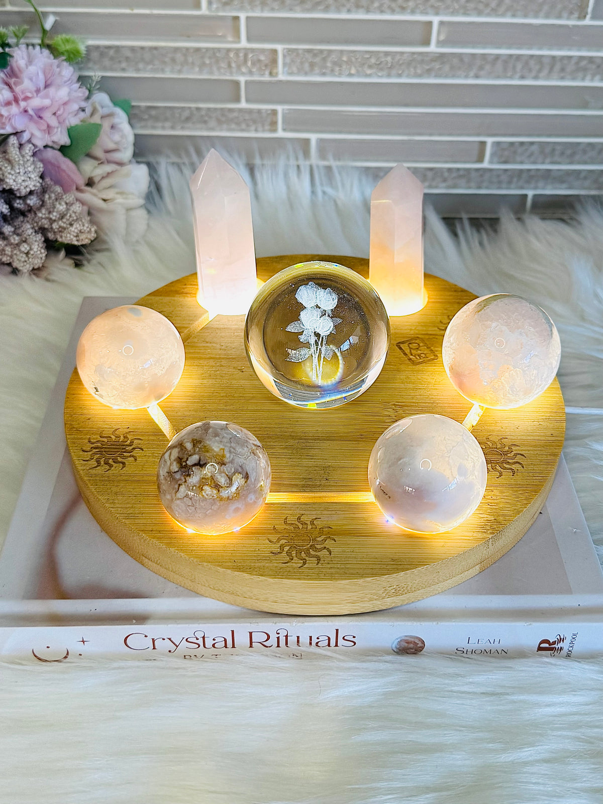 Feminine Energy ~ Large Light Stand 20cm with Glass Roses Sphere, 4 Pink Amethyst Spheres, 2 Rose Quartz Towers