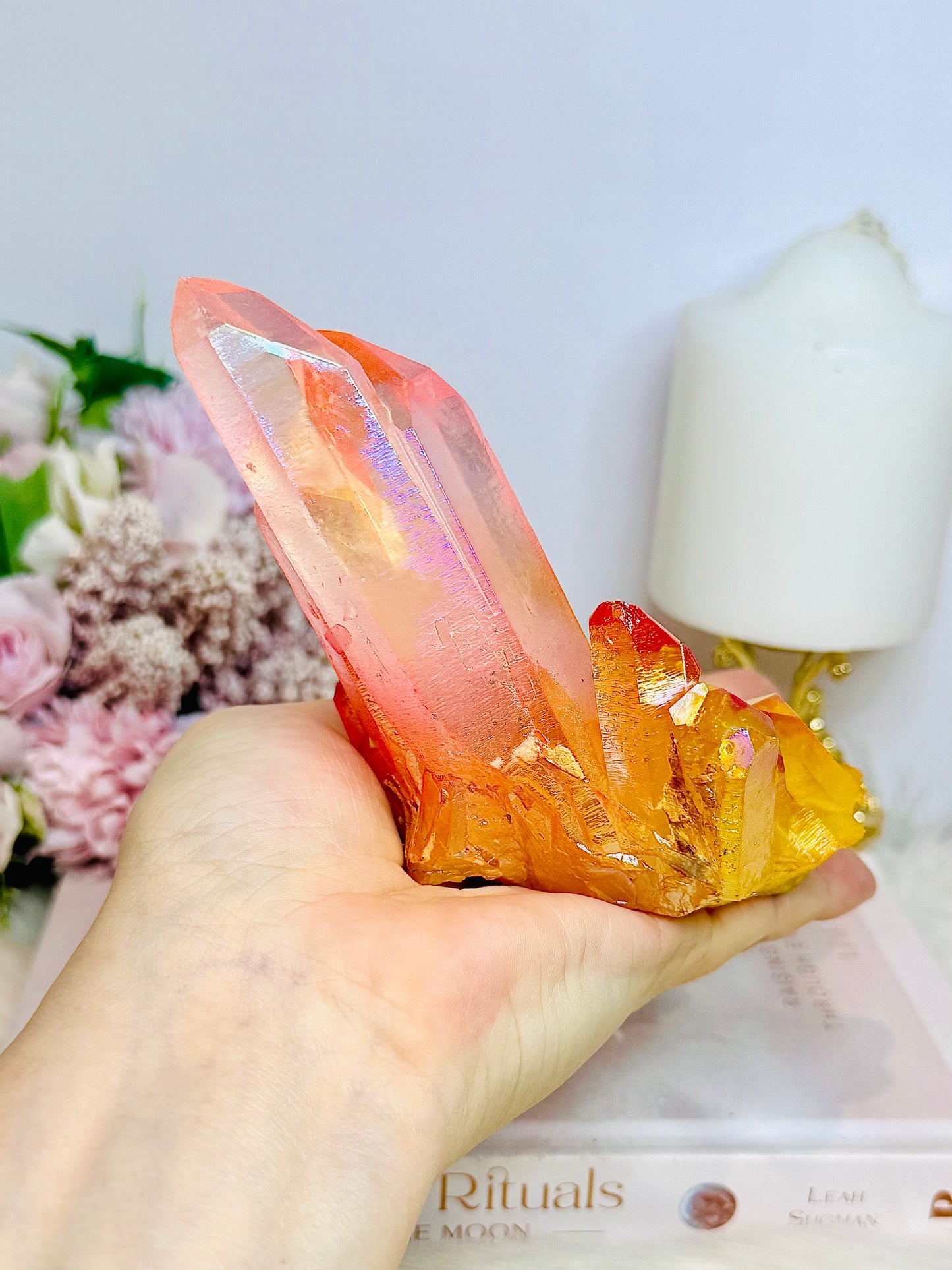 Orange & Pink Coated Angel Aura Quartz Cluster 424g