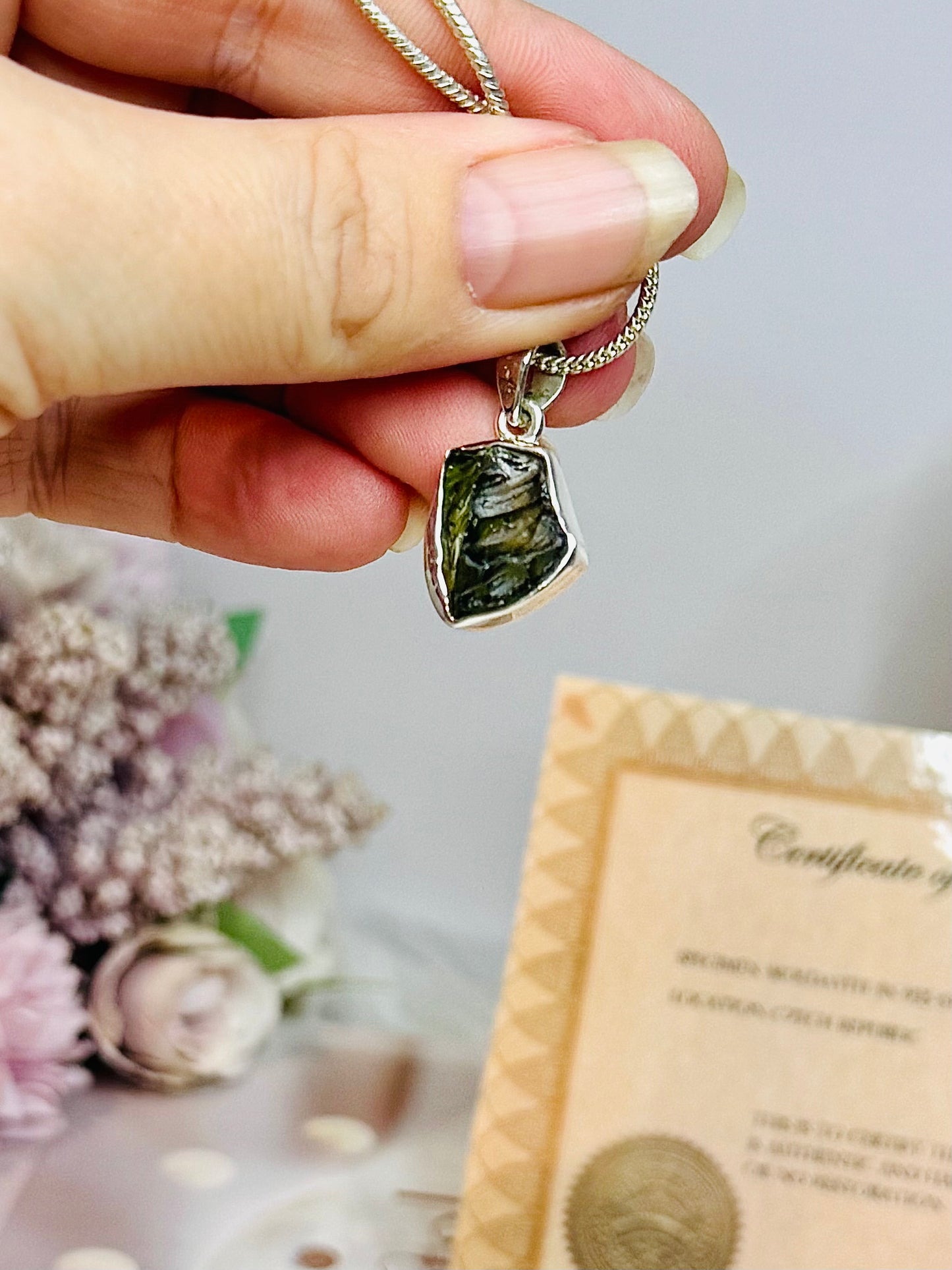 Rare Moldavite Tektite Sterling Silver Pendant & Chain with Certification of Authenticity