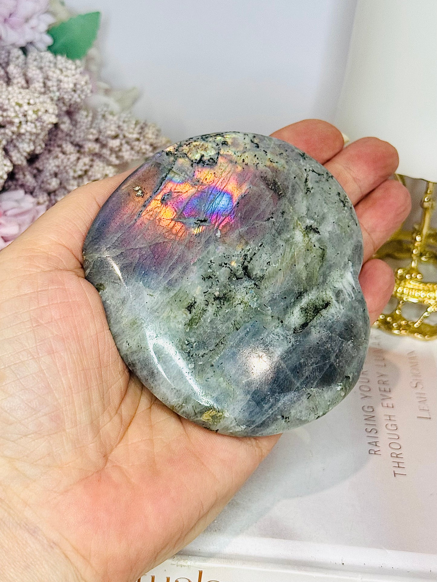Large Labradorite Carved Heart with Purple Flash 9cm