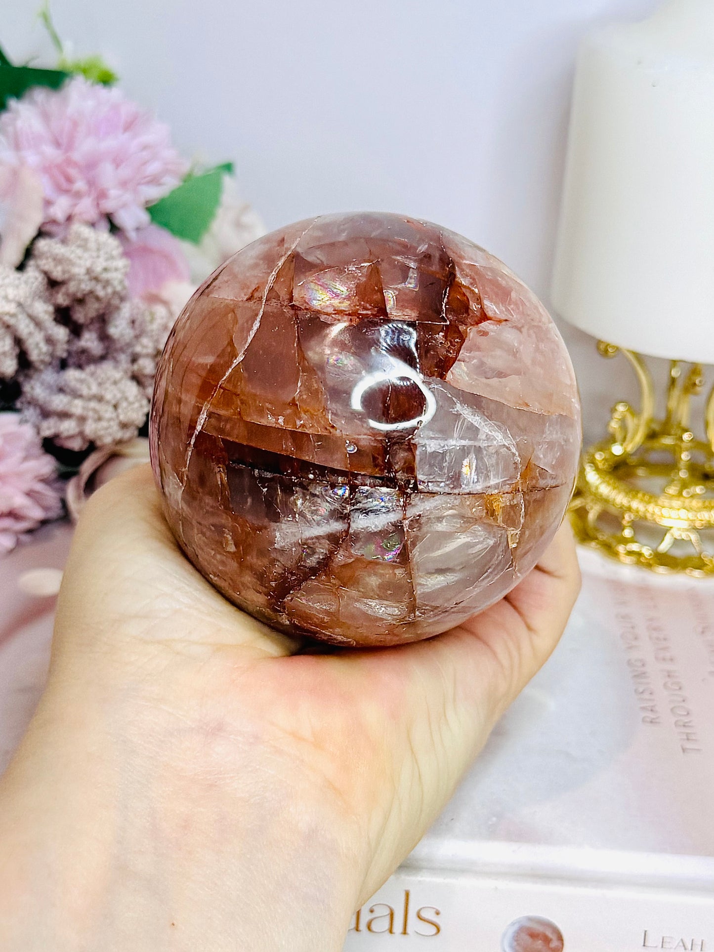High Grade Large Fire Quartz | Hematoid Quartz Sphere with Rainbows on Stand 725g