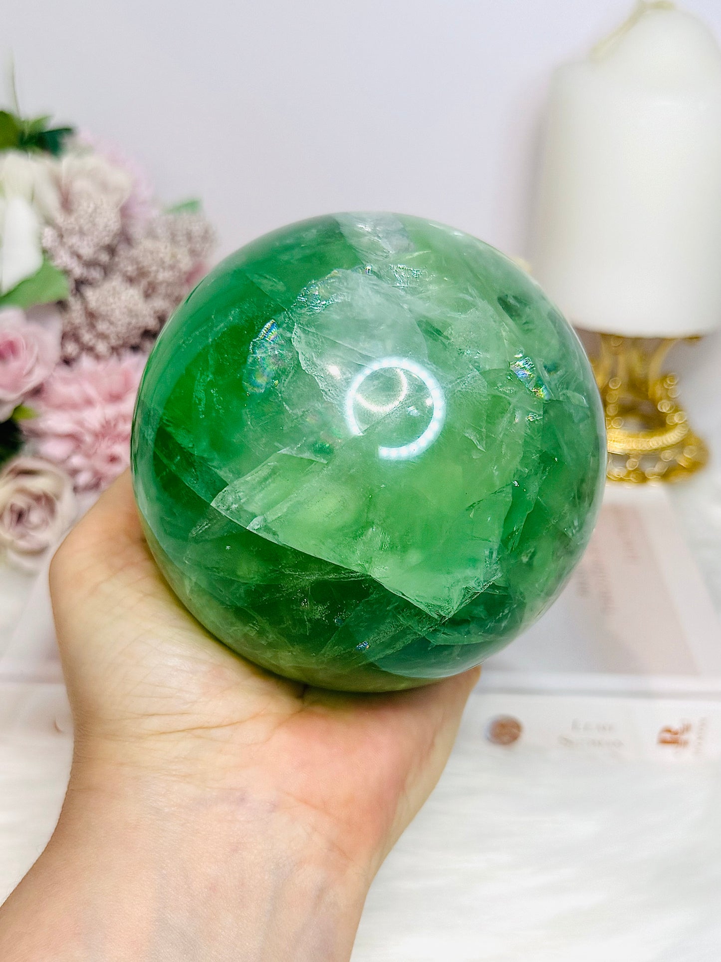 Huge Green Fluorite Sphere with Rainbows On Tall Glass Stand 1.4KG (stand can be changed)