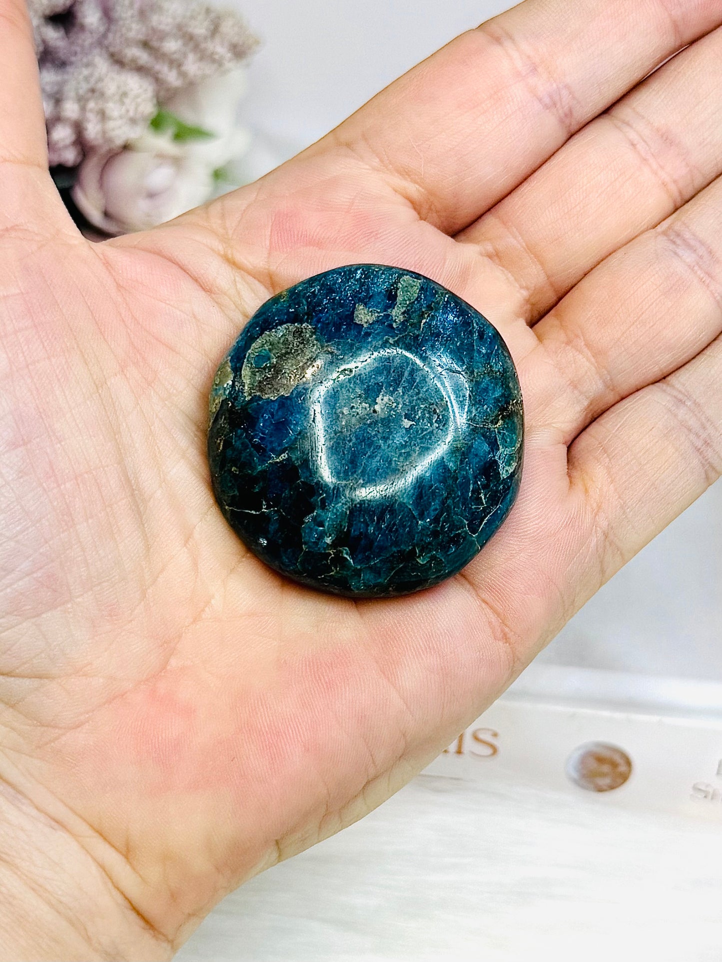 Blue Apatite Palm Stone (stand is display only)