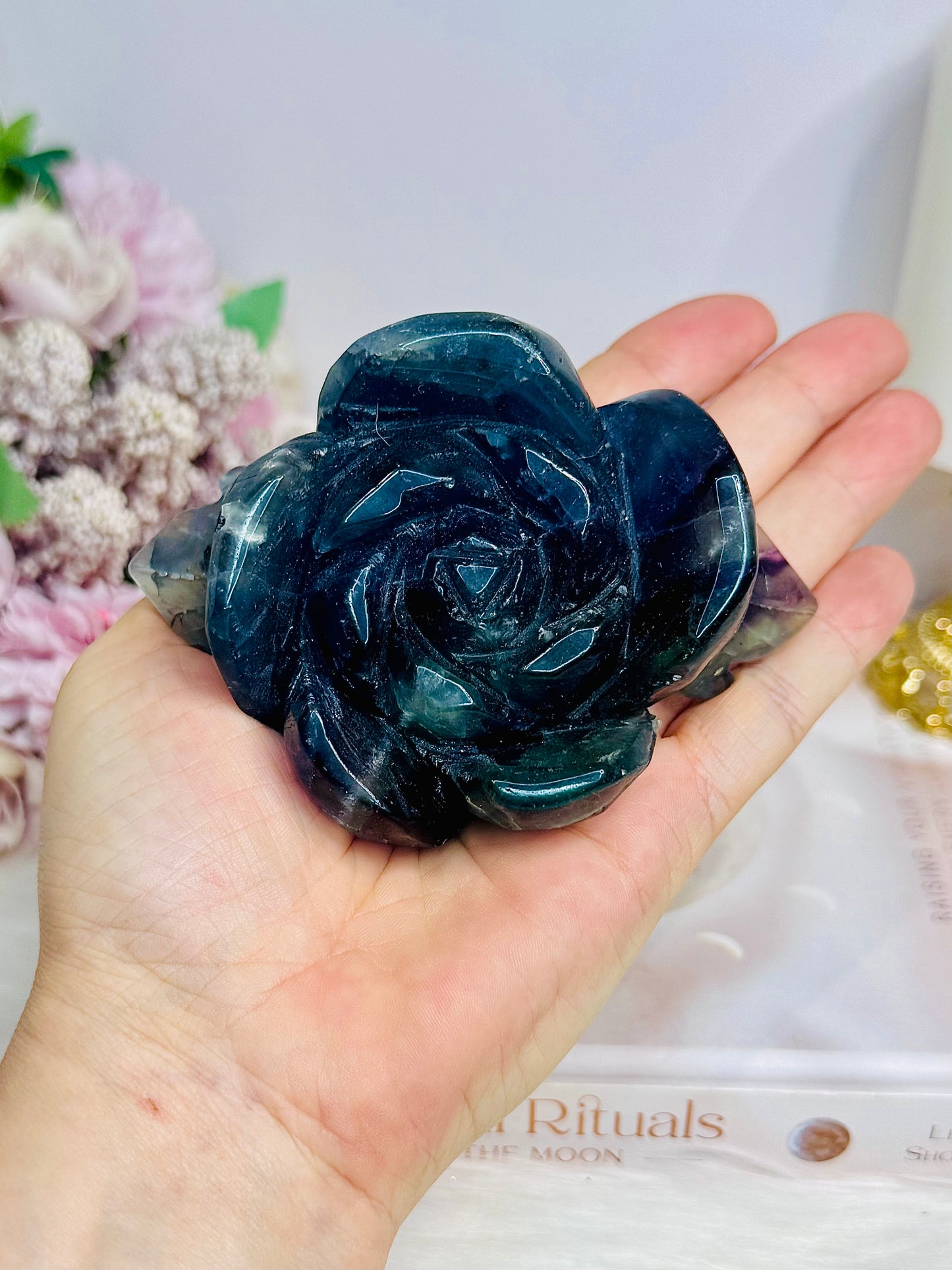 Fluorite Carved Flower On Stand 10cm 315g
