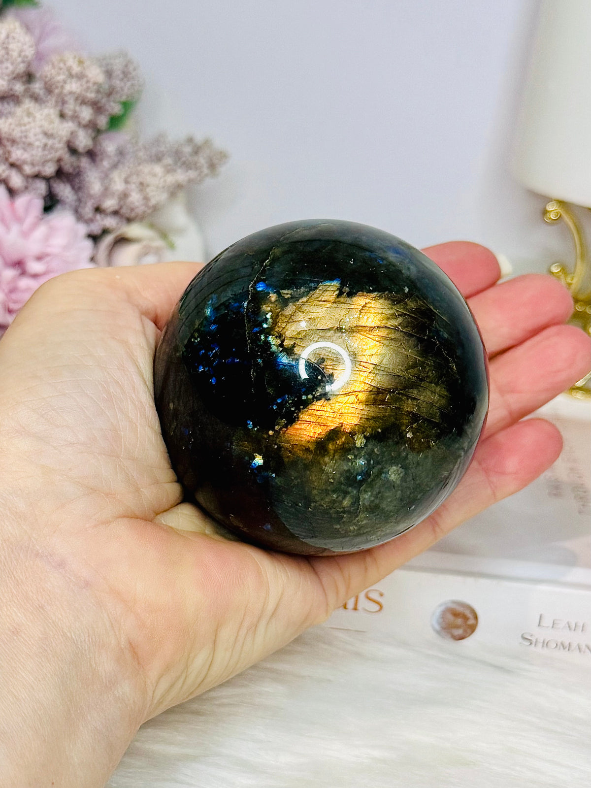 Large Labradorite Sphere 449g On Silver Stand (stand used in pic is display only)
