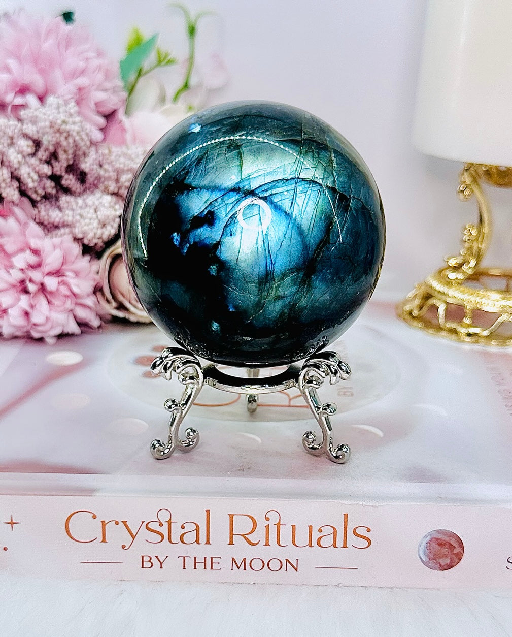 Gorgeous Large 439gram Labradorite Sphere On Stand with Stunning Blue Flash