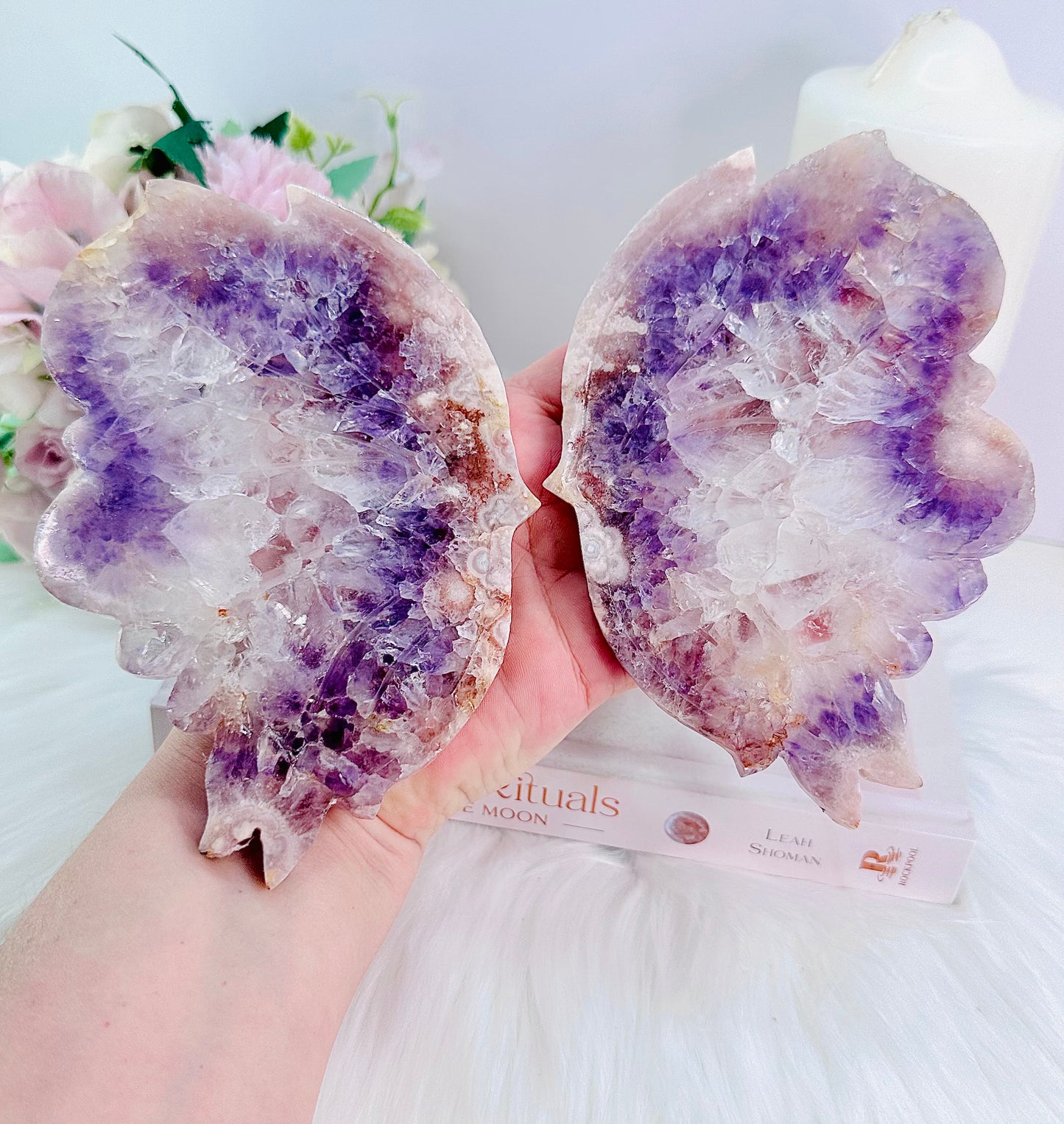 Classy & Fabulous Large Rare Amethyst X Flower Agate Carved Butterfly Wings On Gold Stand 24cm From Brazil