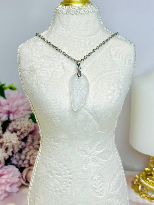 Clear Quartz Carved Angel Wing Necklace In Gift Bag