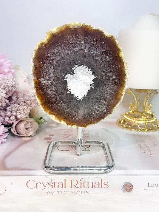 Beautiful 14cm Large Chunky Natural Agate Geode On Silver Stand