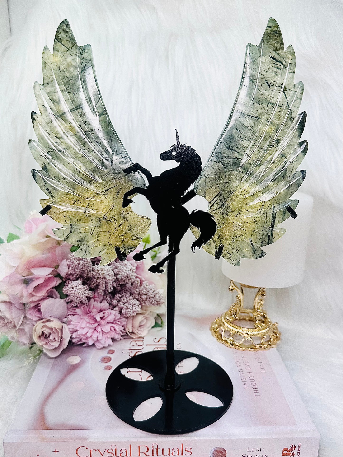 A Spectacular Piece ~ Incredible Large 26cm (Inc Stand) Prehnite Unicorn with Sensational Wings