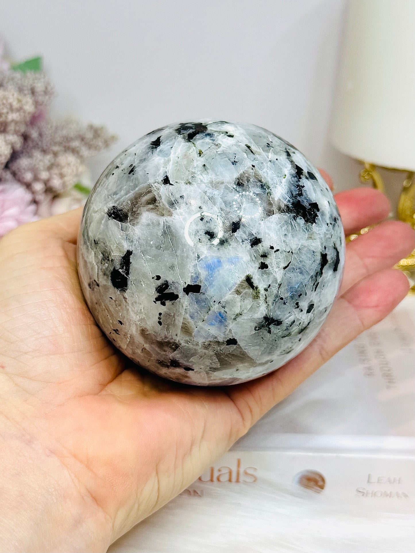 Large Rainbow Moonstone Sphere on Stand with Blue Flash 617g